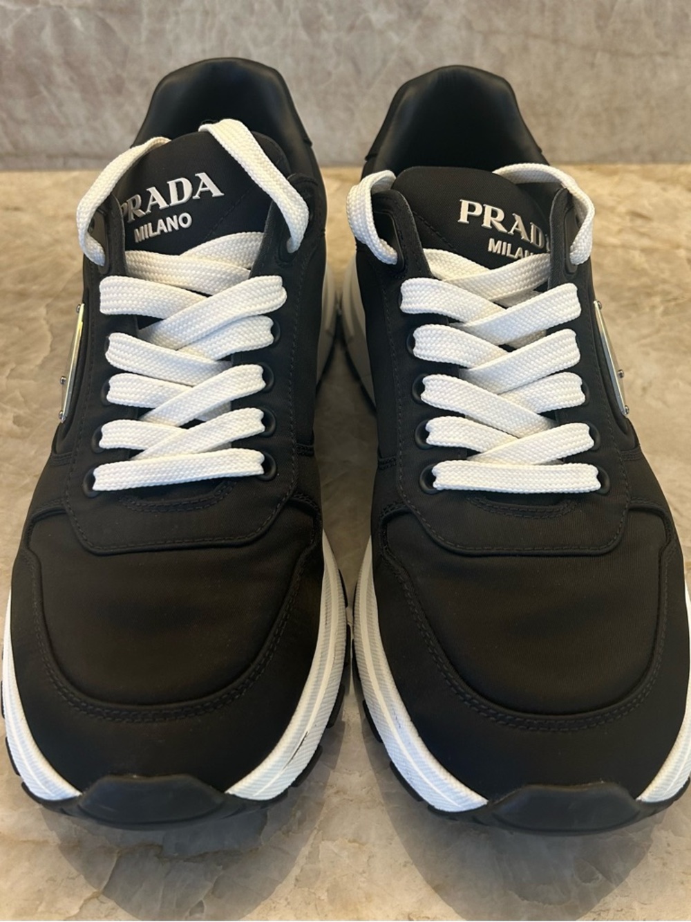 Prada Black and White Men’s Milano Runner Sneakers with Logo Patch - Picture 3 of 16
